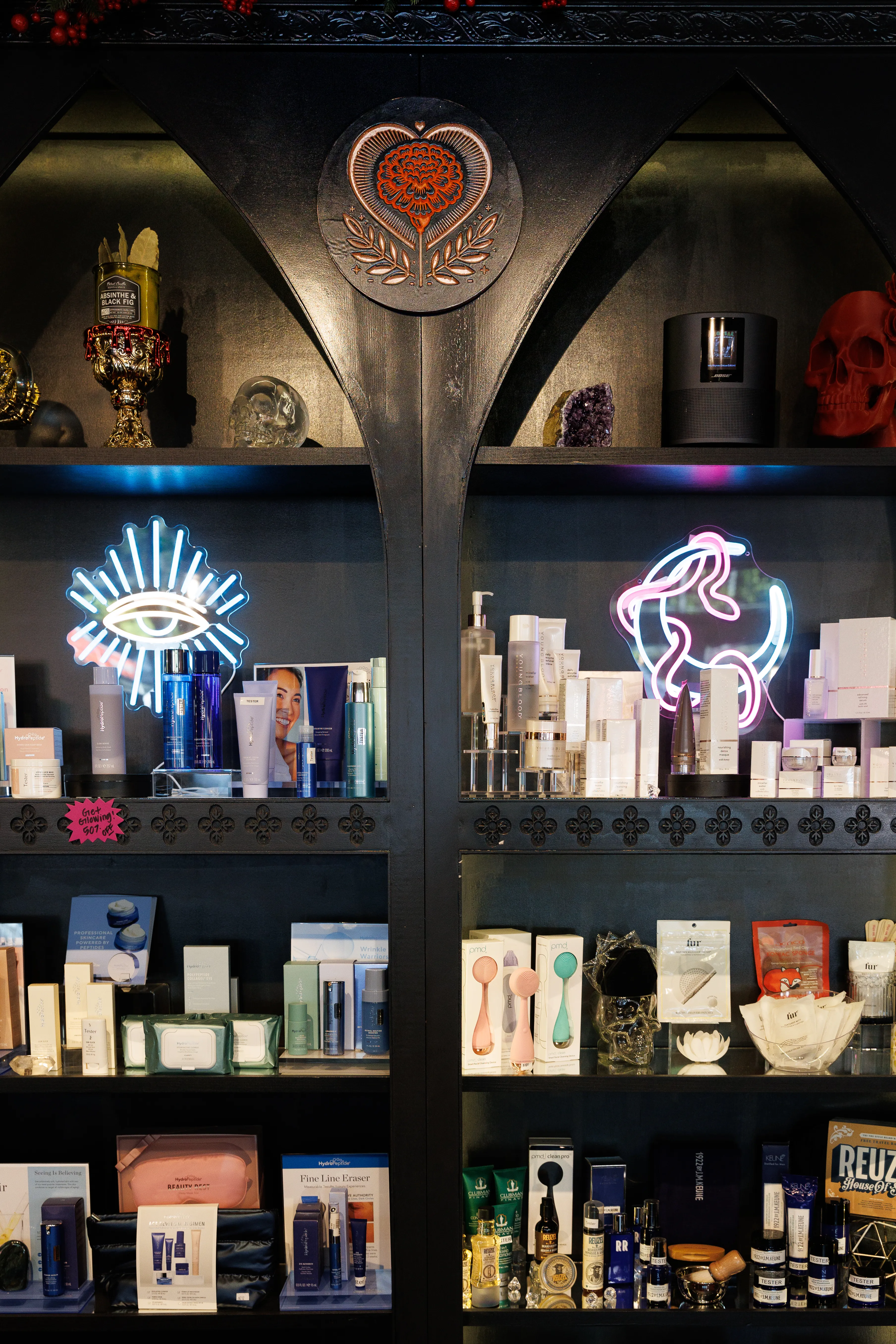 Curated apothecary shelf at High Brow Social Club