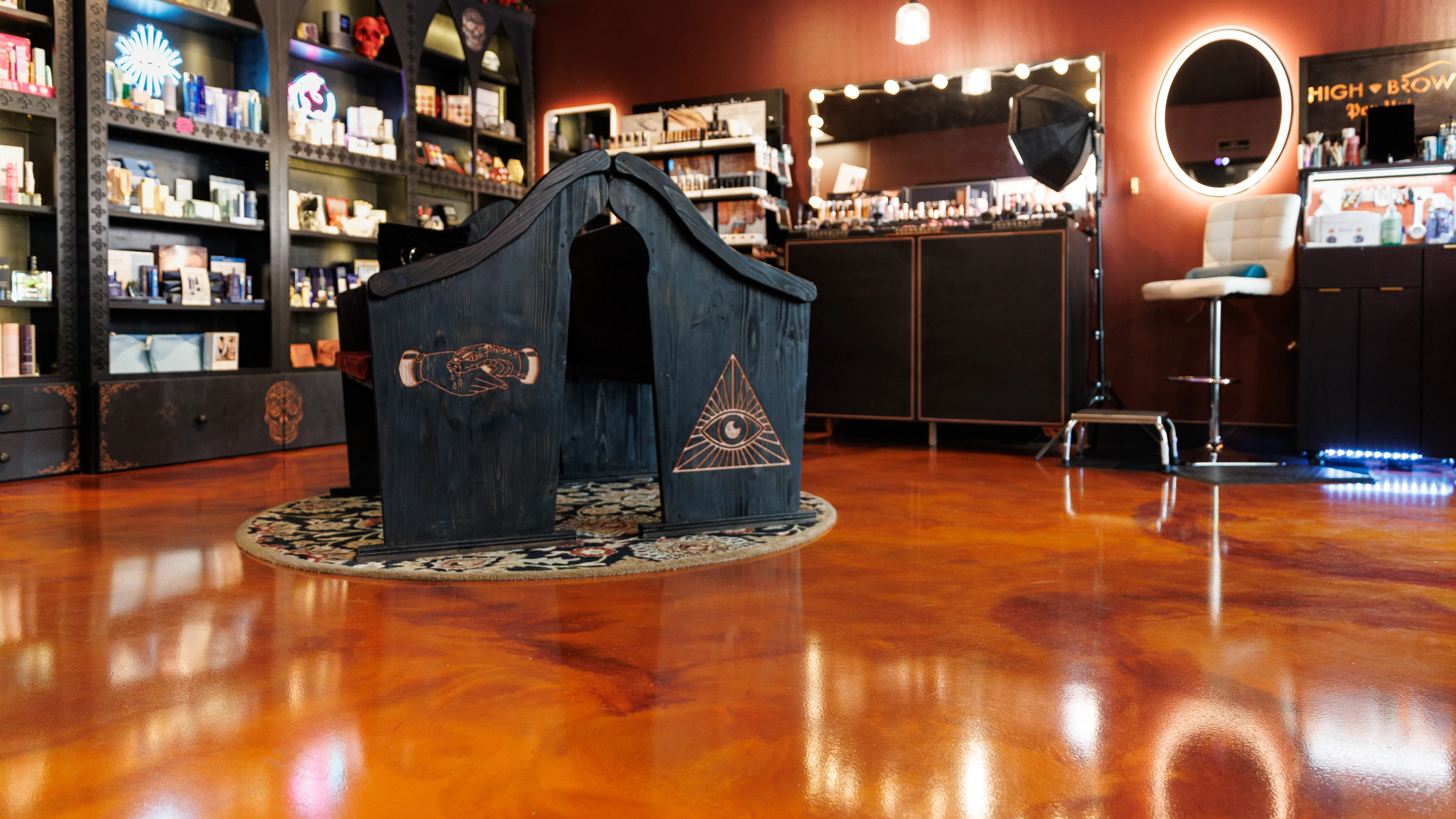 Downtown boutique floor with custom apothecary benches